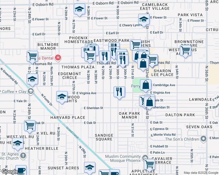 map of restaurants, bars, coffee shops, grocery stores, and more near 2608 North 29th Place in Phoenix