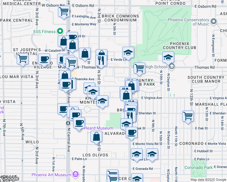 map of restaurants, bars, coffee shops, grocery stores, and more near 320 East Virginia Avenue in Phoenix