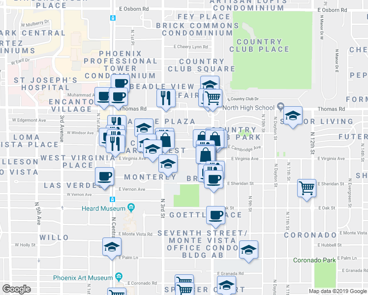 map of restaurants, bars, coffee shops, grocery stores, and more near 320 East Virginia Avenue in Phoenix