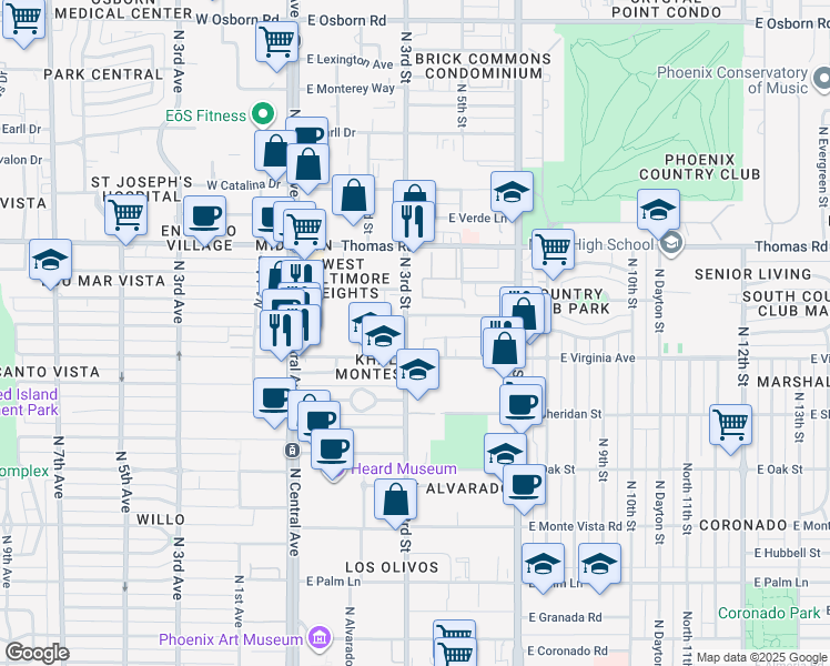 map of restaurants, bars, coffee shops, grocery stores, and more near in Phoenix