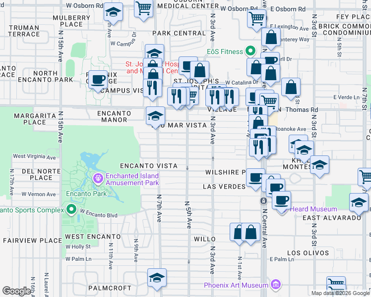 map of restaurants, bars, coffee shops, grocery stores, and more near 344 West Virginia Avenue in Phoenix