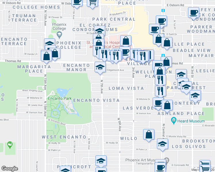 map of restaurants, bars, coffee shops, grocery stores, and more near 522 Virginia Avenue in Phoenix