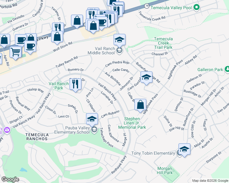 map of restaurants, bars, coffee shops, grocery stores, and more near 44743 Johnston Drive in Temecula
