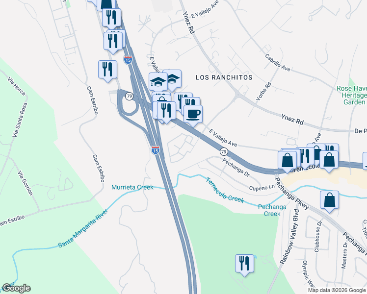 map of restaurants, bars, coffee shops, grocery stores, and more near 44580 La Paz Road in Temecula