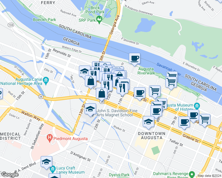 map of restaurants, bars, coffee shops, grocery stores, and more near 221 12th Street in Augusta