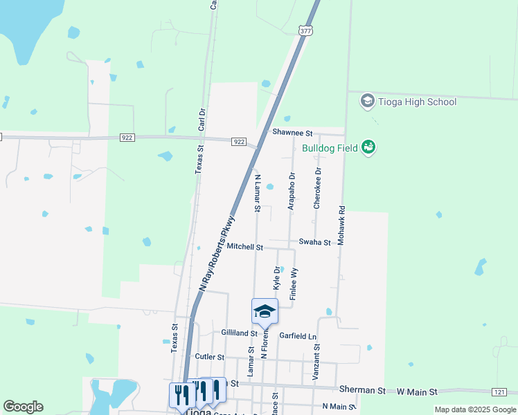 map of restaurants, bars, coffee shops, grocery stores, and more near 714 North Lamar Street in Tioga