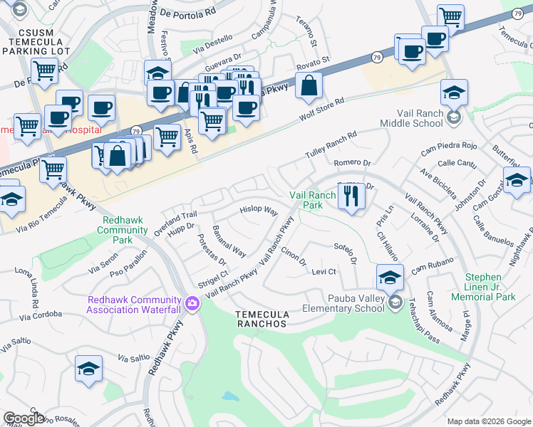 map of restaurants, bars, coffee shops, grocery stores, and more near 32675 Hislop Way in Temecula