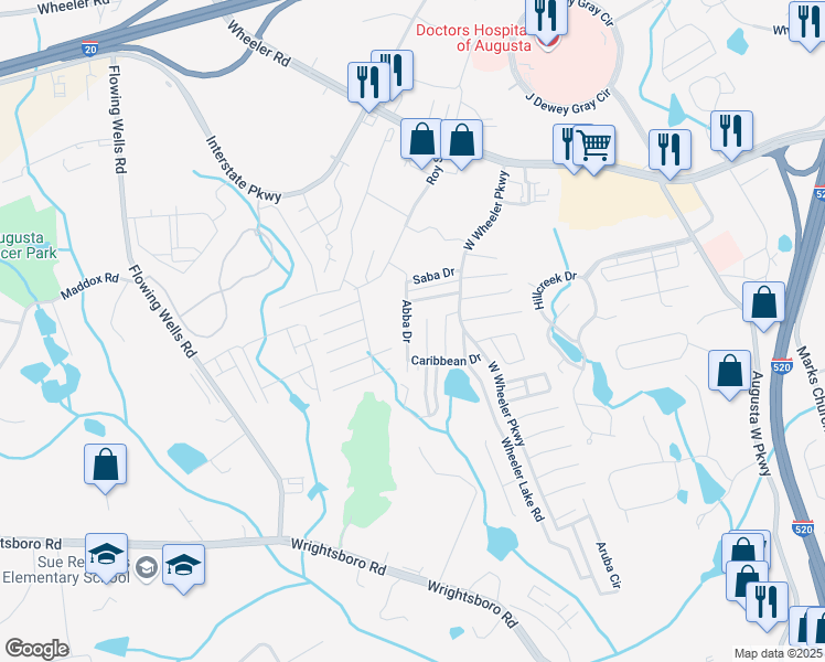 map of restaurants, bars, coffee shops, grocery stores, and more near 3040 Abba Drive in Augusta
