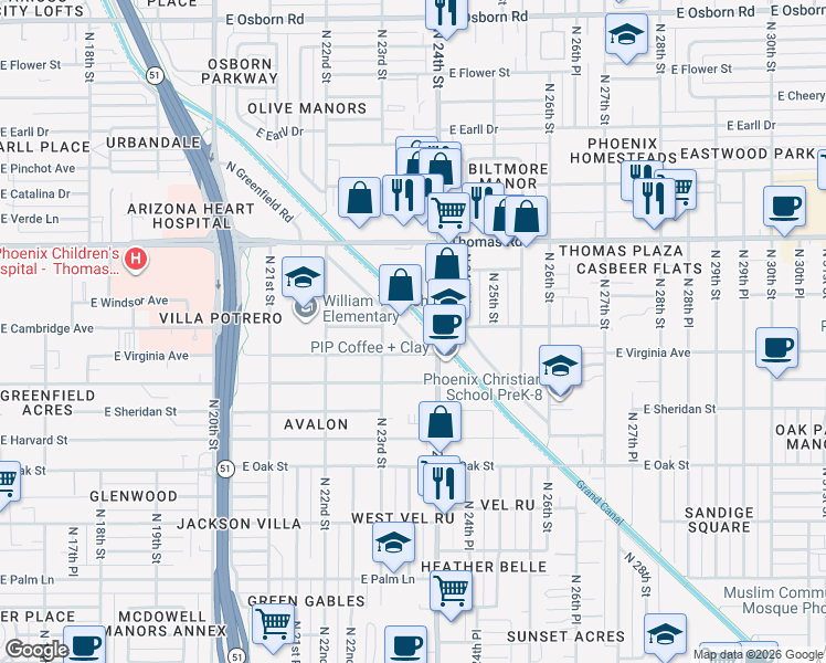 map of restaurants, bars, coffee shops, grocery stores, and more near 2705 North Greenfield Road in Phoenix