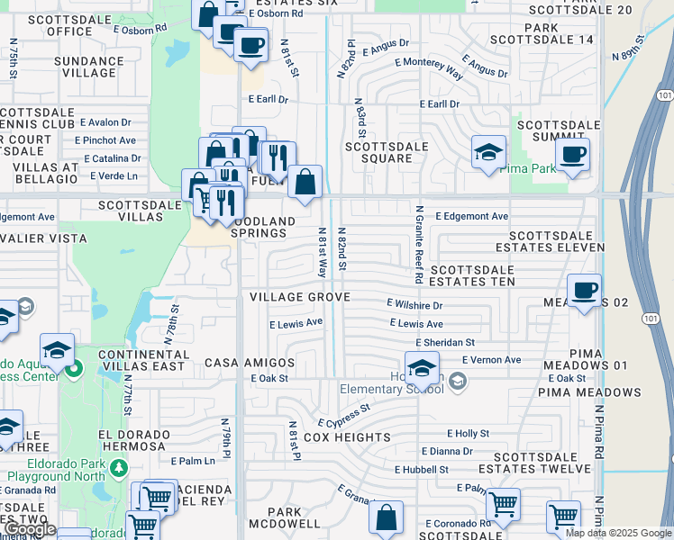 map of restaurants, bars, coffee shops, grocery stores, and more near 2557 North 81st Way in Scottsdale