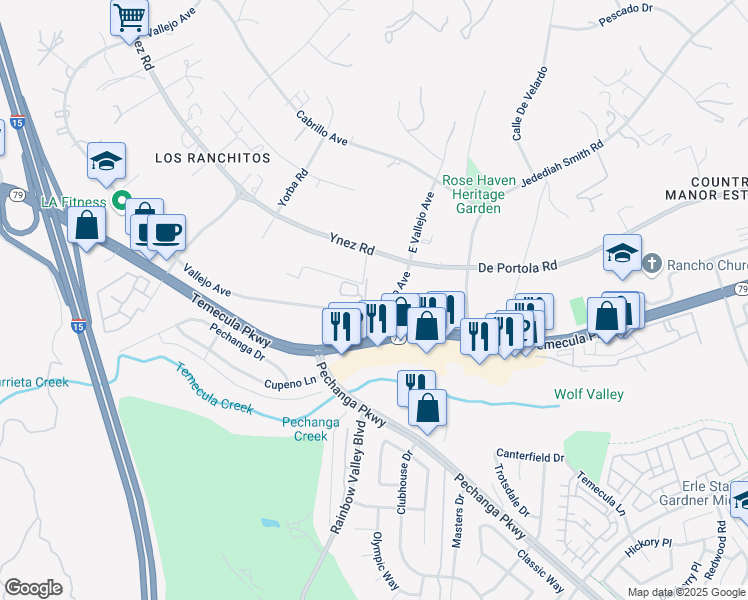 map of restaurants, bars, coffee shops, grocery stores, and more near 29710 Vallejo Avenue in Temecula