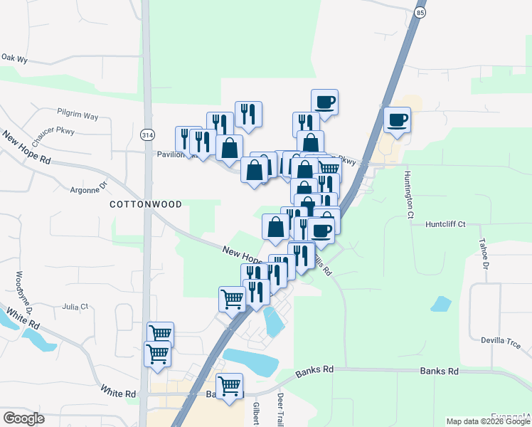 map of restaurants, bars, coffee shops, grocery stores, and more near 230 New Hope Place in Fayetteville