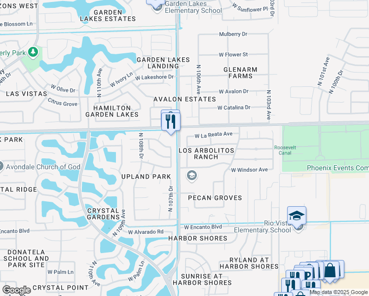 map of restaurants, bars, coffee shops, grocery stores, and more near 2818 North 106th Lane in Avondale