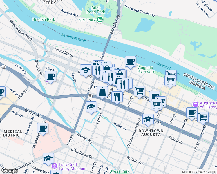 map of restaurants, bars, coffee shops, grocery stores, and more near 221 12th Street in Augusta