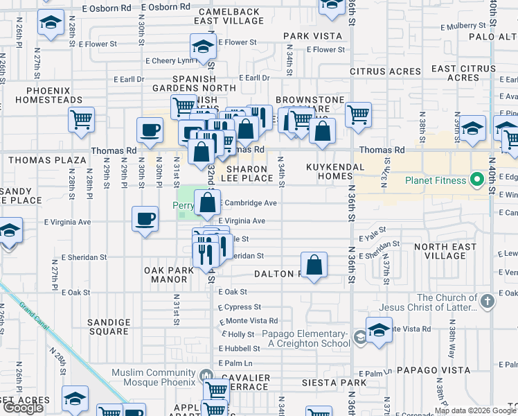 map of restaurants, bars, coffee shops, grocery stores, and more near 3330 East Virginia Avenue in Phoenix