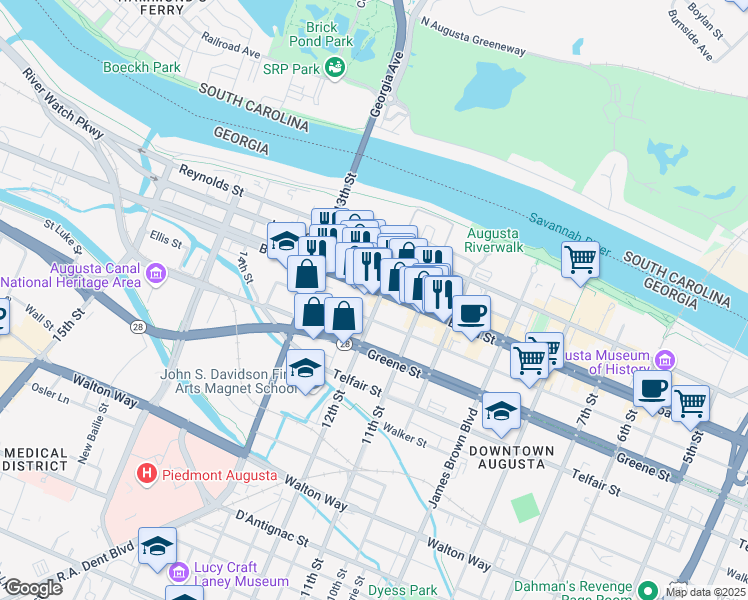 map of restaurants, bars, coffee shops, grocery stores, and more near 1204 Broad Street in Augusta