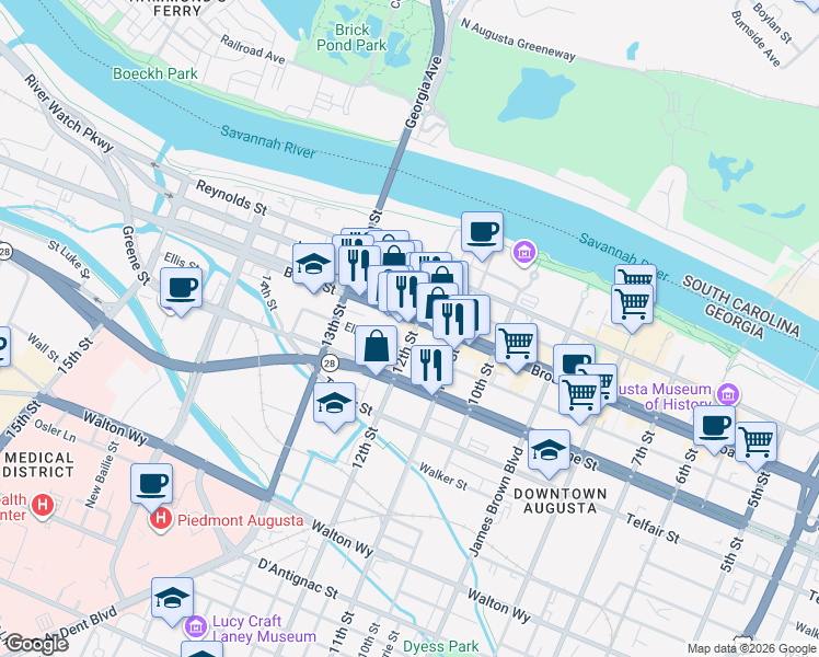 map of restaurants, bars, coffee shops, grocery stores, and more near 221 12th Street in Augusta