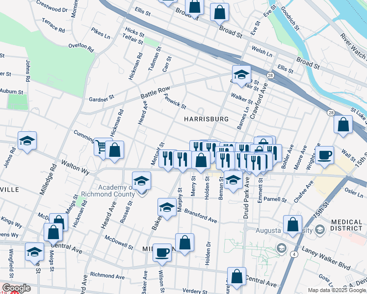 map of restaurants, bars, coffee shops, grocery stores, and more near 1923 Heckle Street in Augusta