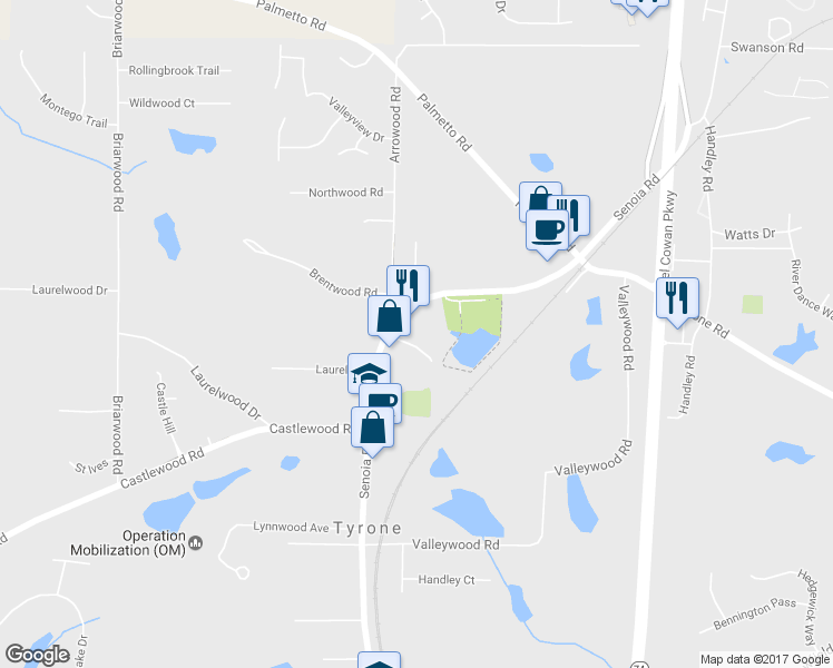 map of restaurants, bars, coffee shops, grocery stores, and more near 125 Commerce Drive in Tyrone