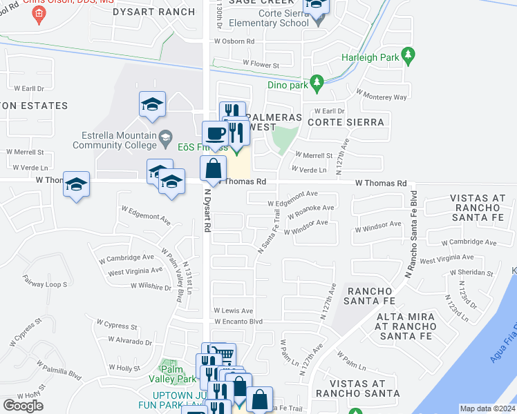 map of restaurants, bars, coffee shops, grocery stores, and more near 12825 West Edgemont Avenue in Avondale