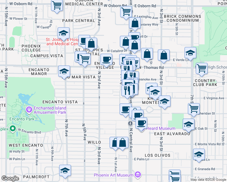 map of restaurants, bars, coffee shops, grocery stores, and more near 2650 North 1st Avenue in Phoenix