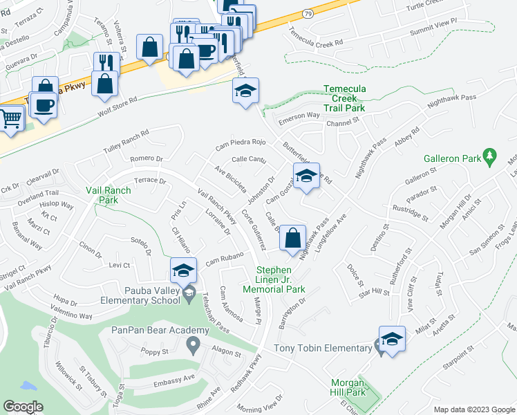 map of restaurants, bars, coffee shops, grocery stores, and more near 44699 Calle Banuelos in Temecula