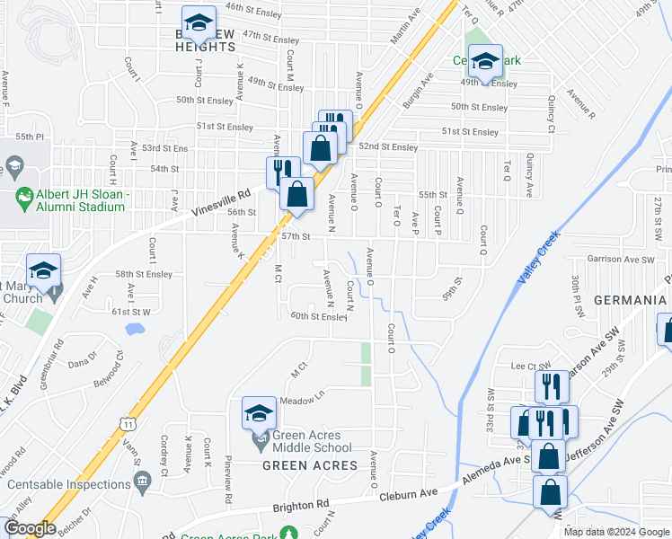 map of restaurants, bars, coffee shops, grocery stores, and more near 1407 57th Place Ensley in Birmingham