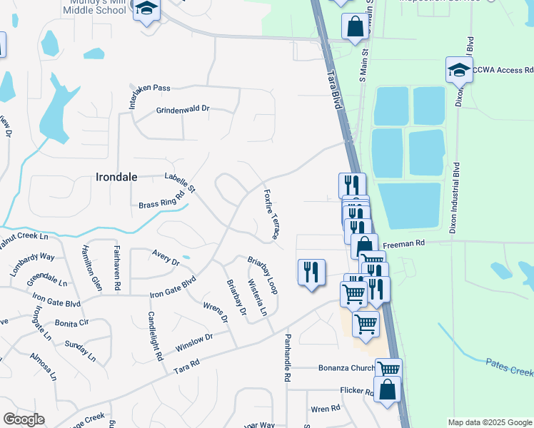 map of restaurants, bars, coffee shops, grocery stores, and more near 10165 Foxfire Terrace in Jonesboro
