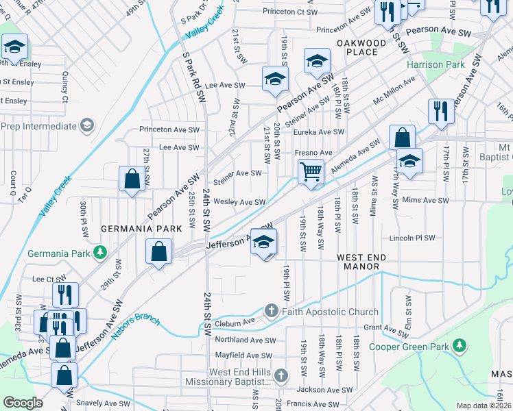 map of restaurants, bars, coffee shops, grocery stores, and more near 2201 Wesley Avenue Southwest in Birmingham