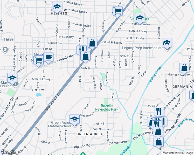 map of restaurants, bars, coffee shops, grocery stores, and more near 5813 Avenue North in Birmingham