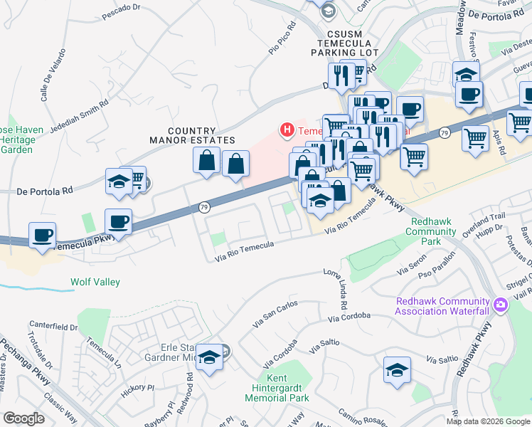 map of restaurants, bars, coffee shops, grocery stores, and more near 44640 Vía Lucido in Temecula