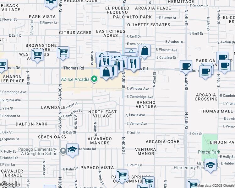 map of restaurants, bars, coffee shops, grocery stores, and more near 2558 North 40th Street in Phoenix