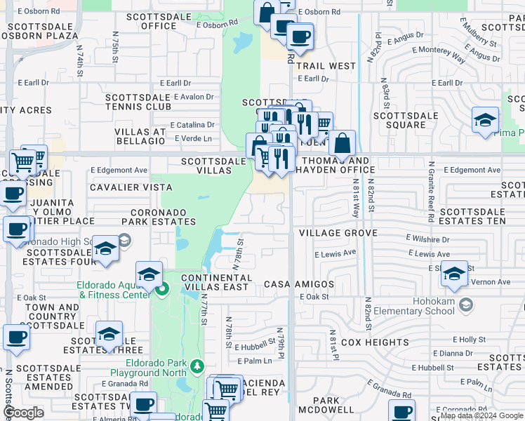 map of restaurants, bars, coffee shops, grocery stores, and more near 2700 North Hayden Road in Scottsdale