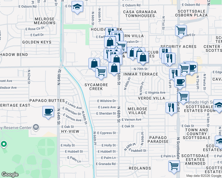 map of restaurants, bars, coffee shops, grocery stores, and more near 2620 North 68th Street in Scottsdale