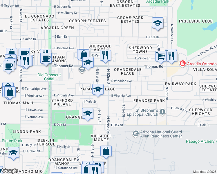 map of restaurants, bars, coffee shops, grocery stores, and more near 5211 East Cambridge Avenue in Phoenix