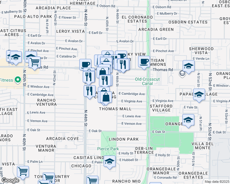 map of restaurants, bars, coffee shops, grocery stores, and more near 4601 East Cambridge Avenue in Phoenix