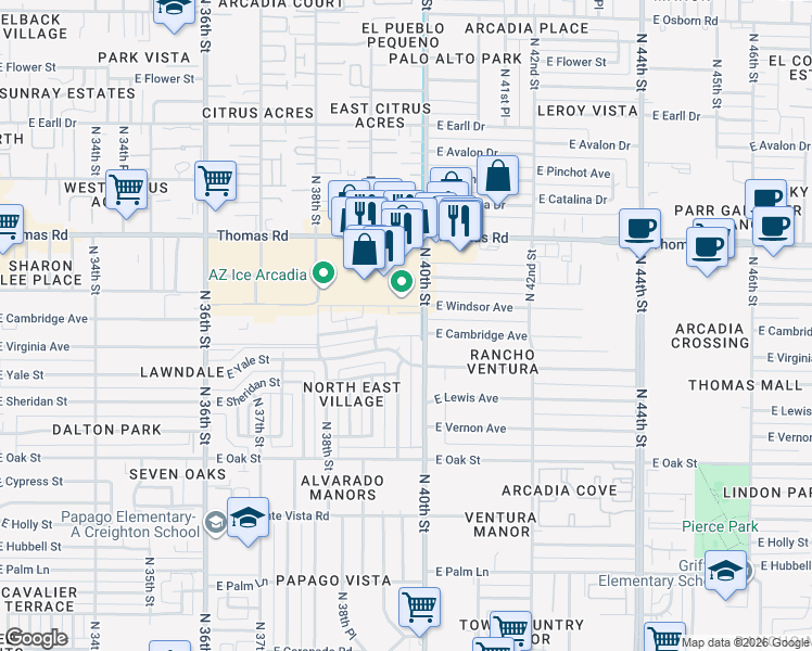 map of restaurants, bars, coffee shops, grocery stores, and more near 2558 North 40th Street in Phoenix