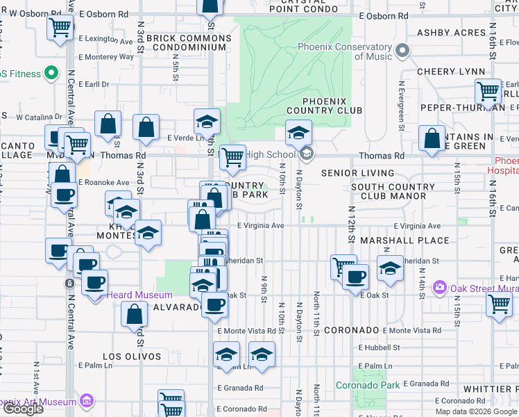 map of restaurants, bars, coffee shops, grocery stores, and more near 841 East Cambridge Avenue in Phoenix