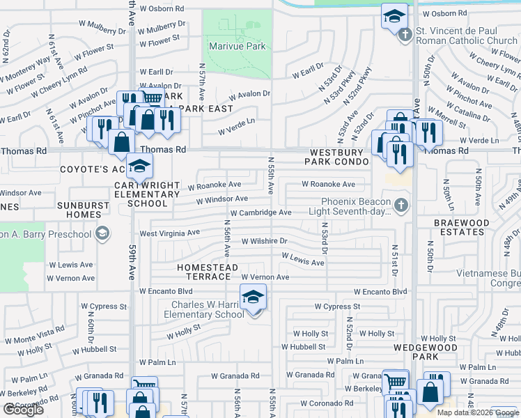 map of restaurants, bars, coffee shops, grocery stores, and more near 5521 West Cambridge Avenue in Phoenix