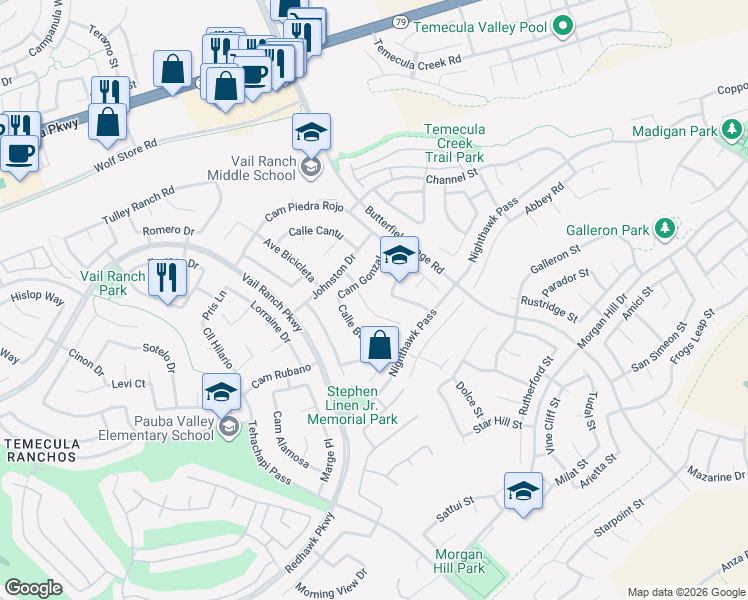 map of restaurants, bars, coffee shops, grocery stores, and more near 44737 Corte Sanchez in Temecula