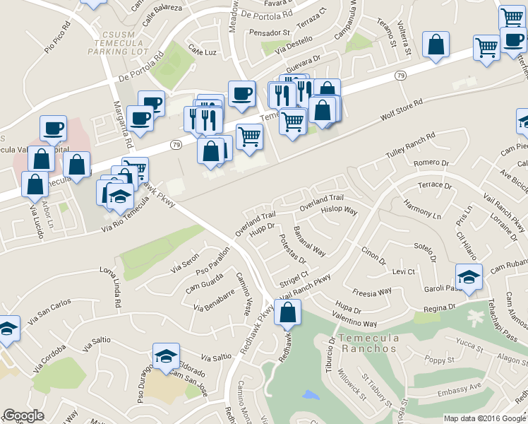 map of restaurants, bars, coffee shops, grocery stores, and more near 32466 Hupp Drive in Temecula
