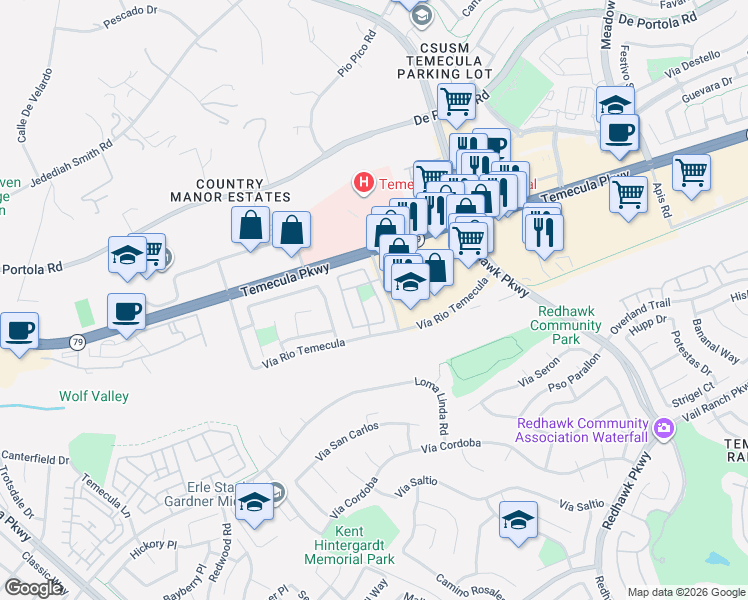 map of restaurants, bars, coffee shops, grocery stores, and more near 31663 Chelsea Way in Temecula