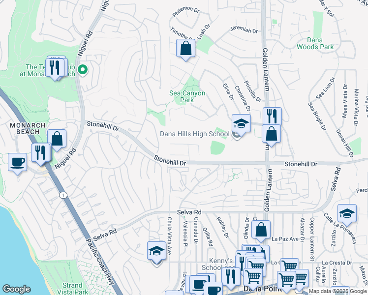 map of restaurants, bars, coffee shops, grocery stores, and more near 24341 De Leon Drive in Dana Point
