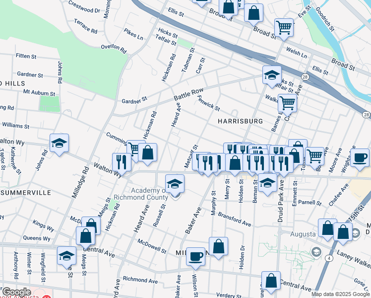 map of restaurants, bars, coffee shops, grocery stores, and more near 808 Russell Street in Augusta
