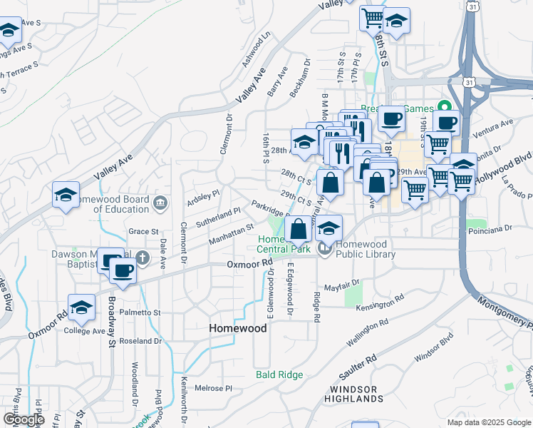 map of restaurants, bars, coffee shops, grocery stores, and more near 1633 Manhattan Street in Birmingham