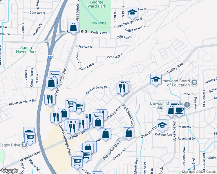 map of restaurants, bars, coffee shops, grocery stores, and more near 749 Rockford Drive in Birmingham