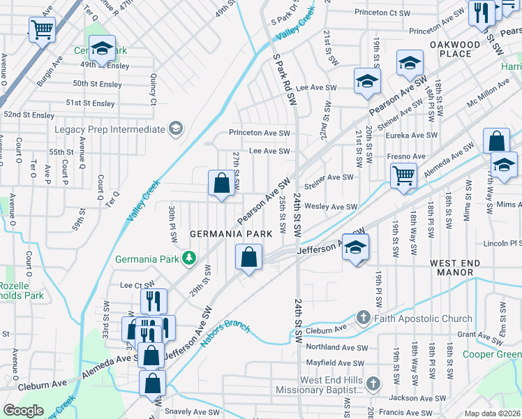 map of restaurants, bars, coffee shops, grocery stores, and more near 824 26th Street Southwest in Birmingham