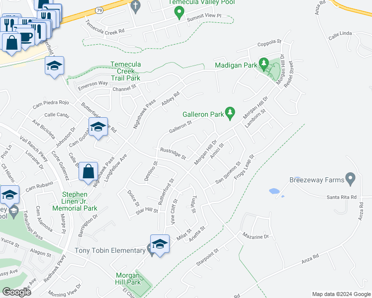 map of restaurants, bars, coffee shops, grocery stores, and more near 44747 Quixote Street in Temecula