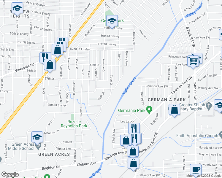 map of restaurants, bars, coffee shops, grocery stores, and more near 5700 Court Q in Birmingham