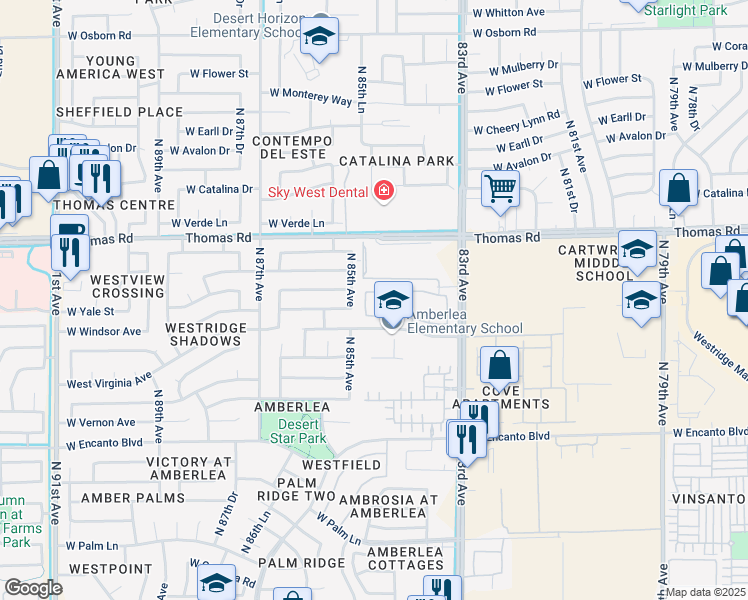 map of restaurants, bars, coffee shops, grocery stores, and more near 8400 West Virginia Avenue in Phoenix